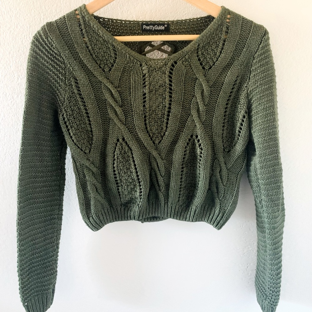PrettyGuide Lace Up Crop Top Sweater Long Sleeve